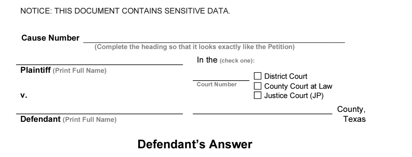 screenshot of the top portion of a lawsuit answer in texas to debt lawsuit summons